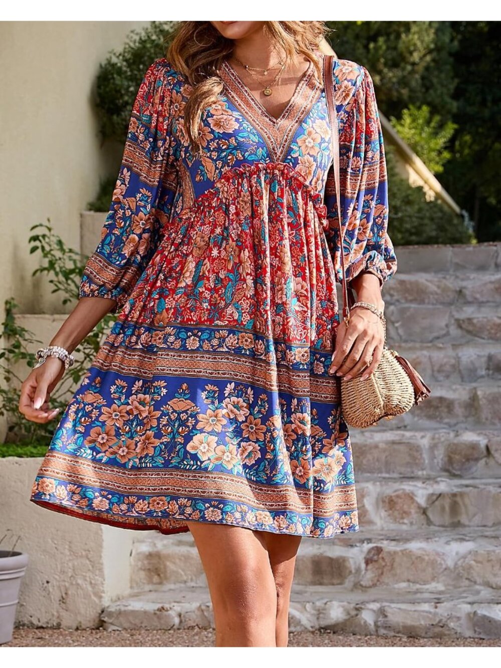 Women Red Pull On Long Sleeve Floral Flowy Boho Babydoll Mini Short Dress - Picture 5 of 6